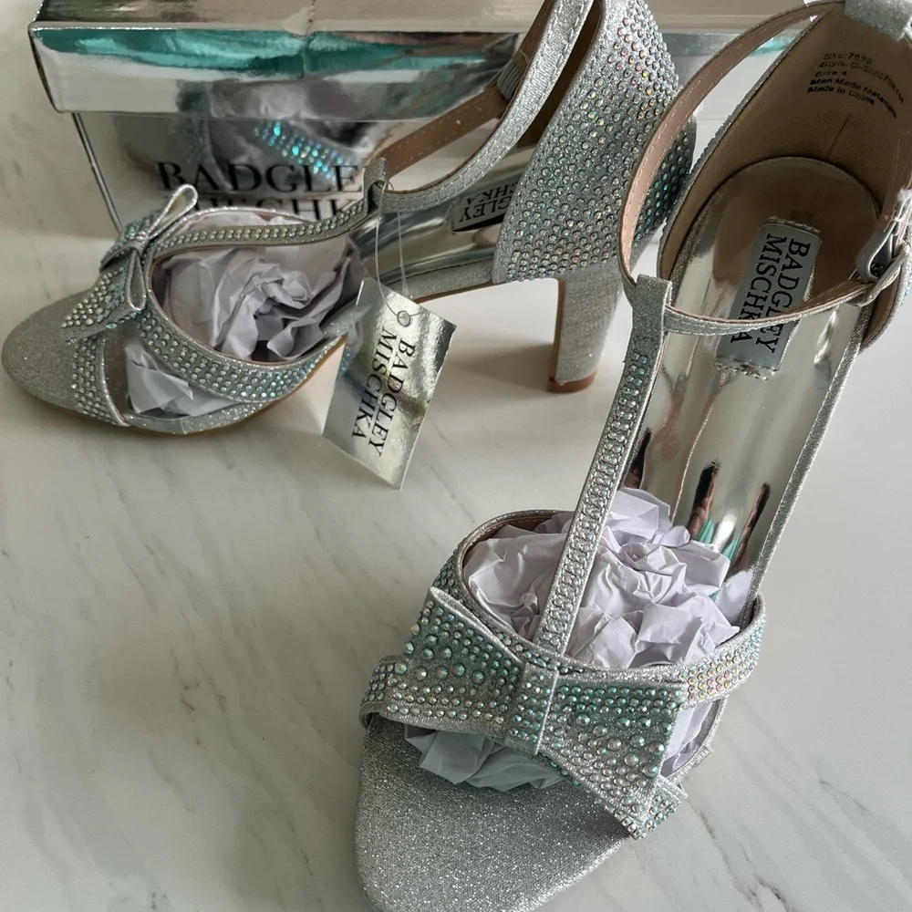 Badgley Mischka Sparkling Silver Strappy Heels - Picture 1 of 7